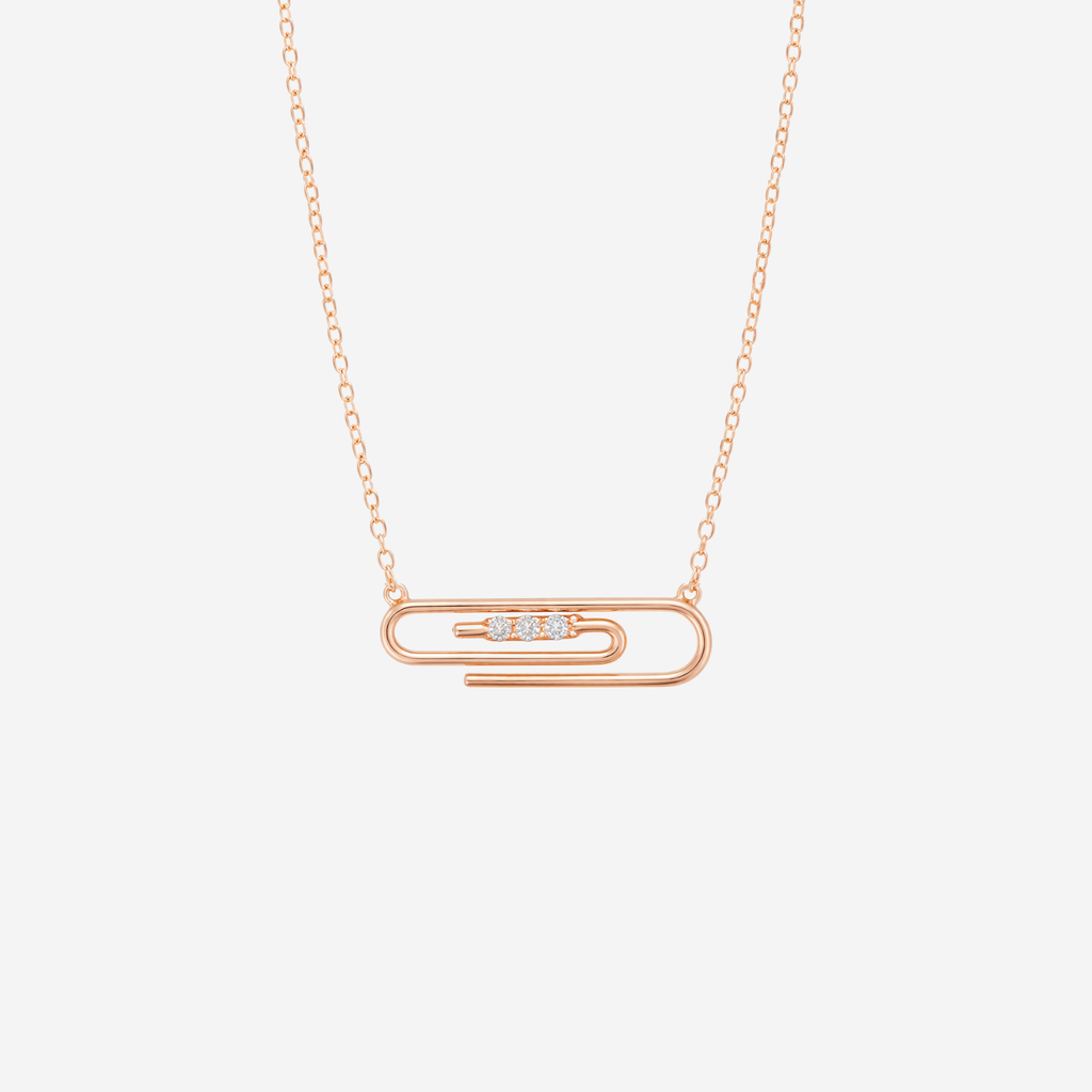 Three Stone Diamond Paper Clip Necklace - 9ct Gold