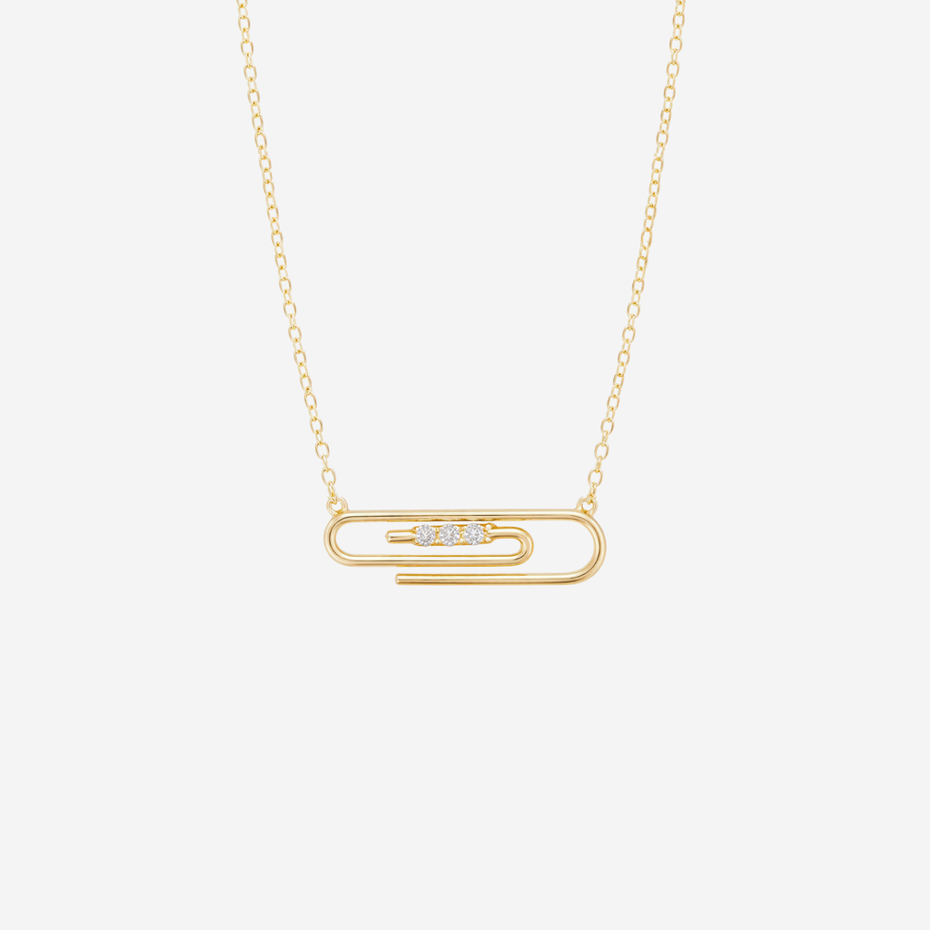Three Stone Diamond Paper Clip Necklace - 9ct Gold