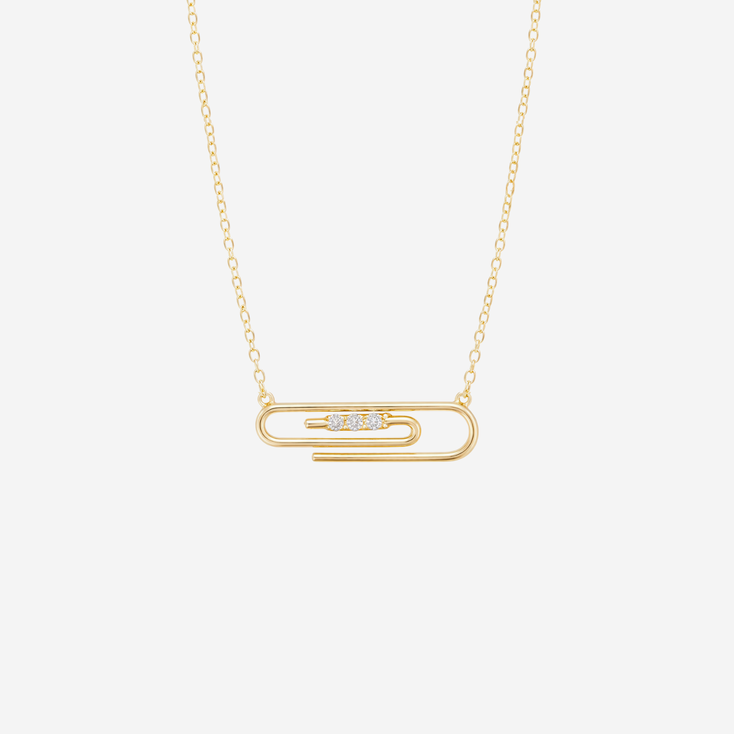 Three Stone Diamond Paper Clip Necklace - 9ct Gold