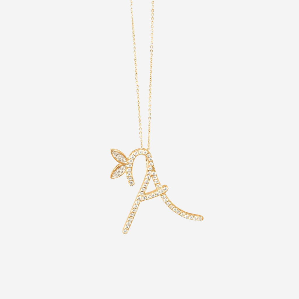 1 Inch Winged Full  Diamond Initial Necklace - 18ct Gold