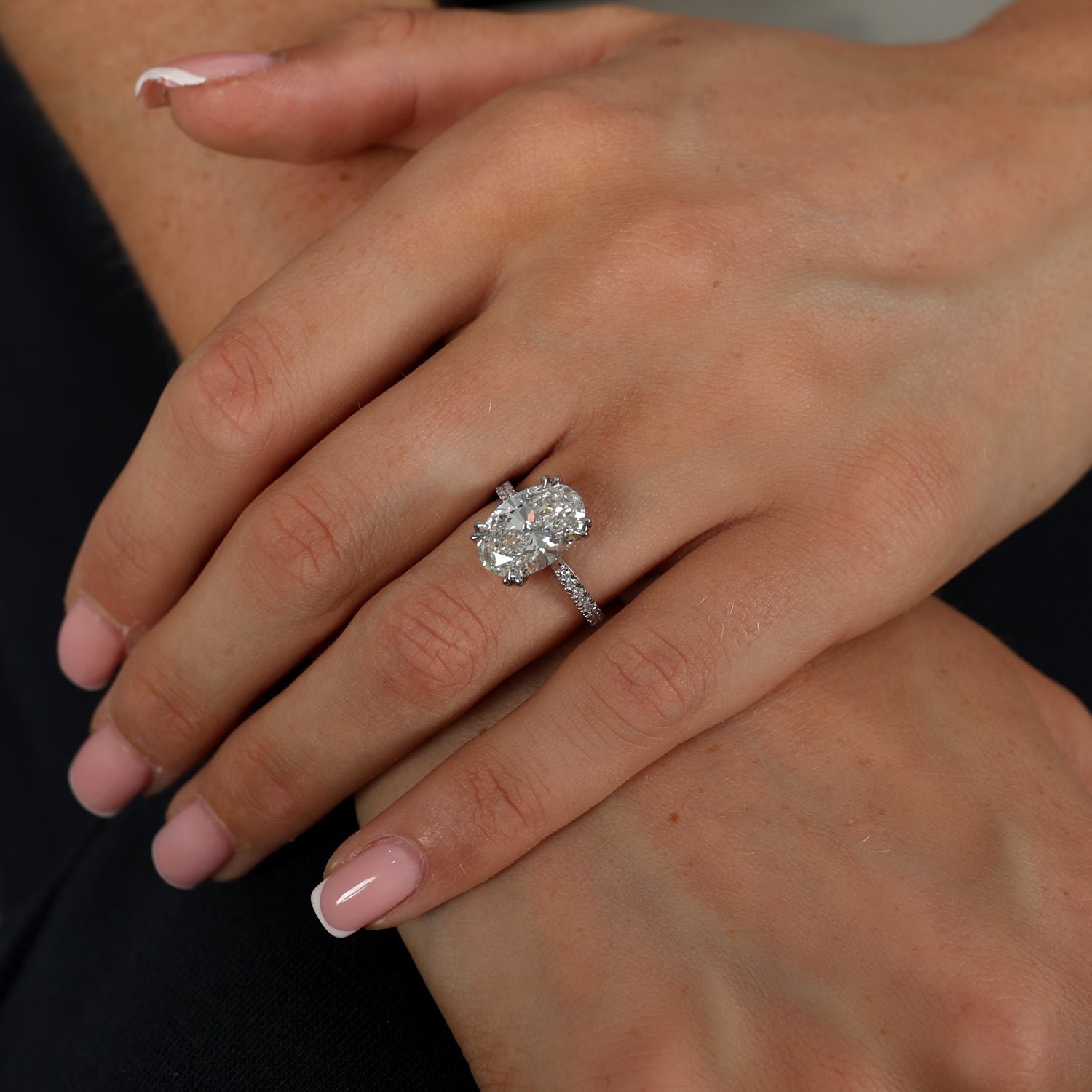 4.27ct Oval Cut Lab Grown Diamond Ring with Diamond Shoulders - 9ct White Gold