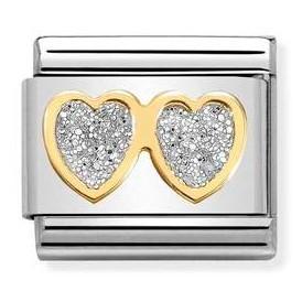 030220/01 Classic GLITTER , steel, enamel, bonded yellow gold, Double SILVER hearts - SayItWithDiamonds.com
